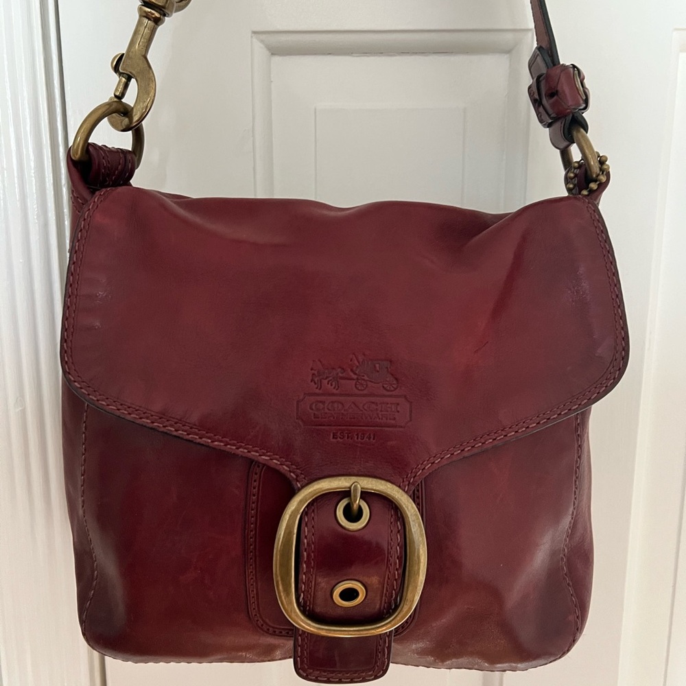 Coach Bleeker Red Wine Leather Flap Shoulder Bag with Brass Hardware
